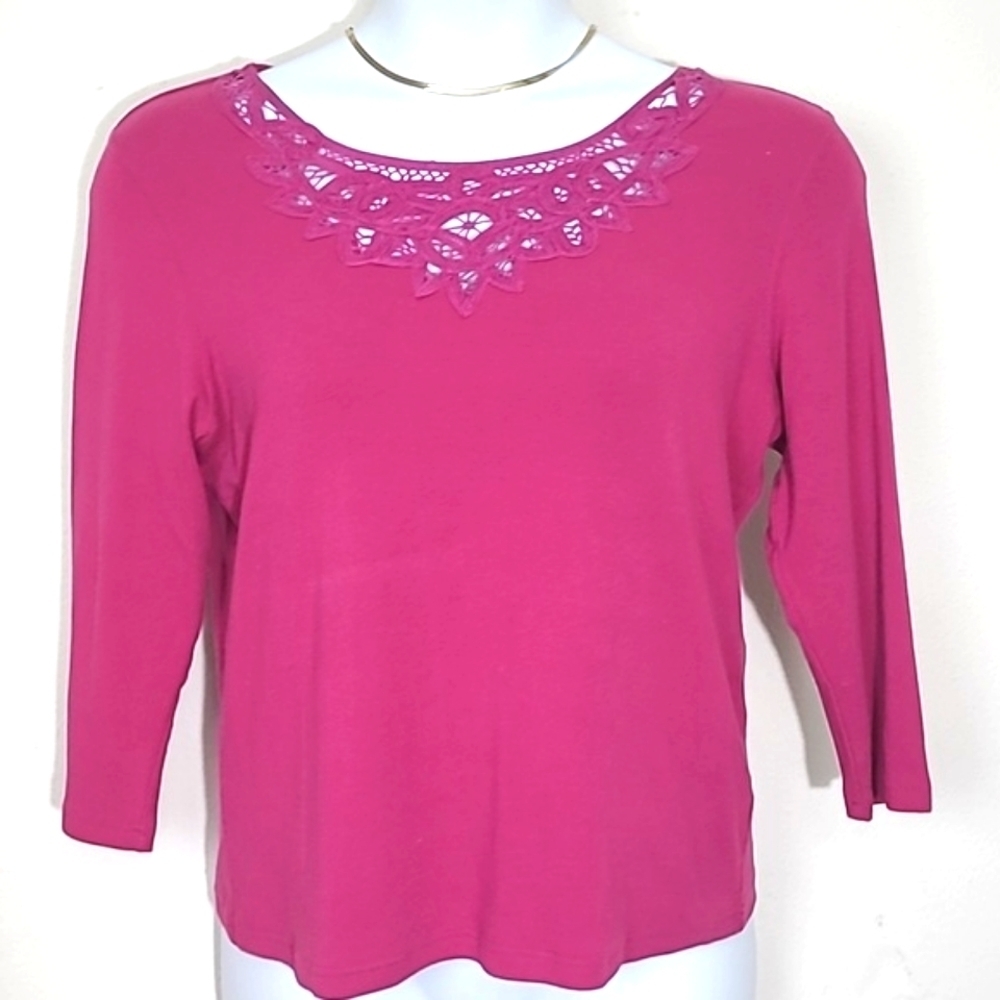 T shirt long sleeve crochet collar Fuscia bright pink stretch cotton blend Med